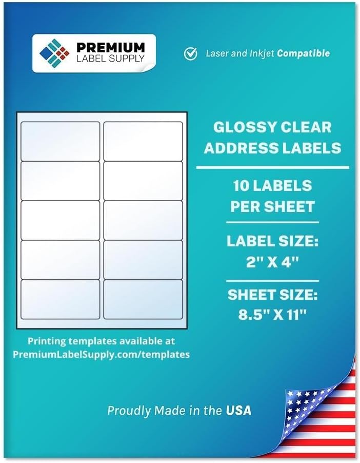 Premium Label Supply Glossy Clear Address Labels – 2" x 4" – Laser/Inkjet Compatible – (10 per Sheet), 25 Sheets – 250 Total Adhesive Labels