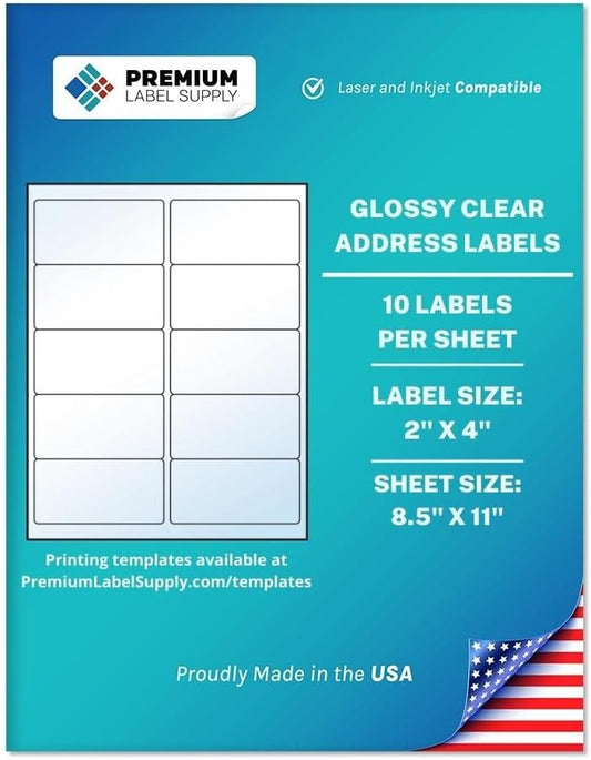 Premium Label Supply Glossy Clear Address Labels – 2" x 4" – Laser/Inkjet Compatible – (10 per Sheet), 25 Sheets – 250 Total Adhesive Labels