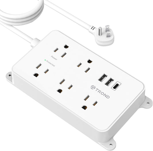TROND Power Strip with USB, 10ft Extension Cord Surge Protector, 5 Widely Spaced Outlets with 3 USB Ports, ETL Listed, 1300J, Low-Profile Flat Plug, Wall Mountable, White