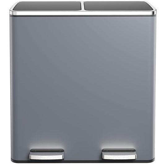 AthLike 60L(16 Gal ) Dual Trash Can, Stainless Steel Kitchen Garbage Can, Double Compartment Classified Rubbish Bin, Recycle Dustbin w/Plastic Inner Buckets, Handle, Soft-Close Lid, Airtight, Grey