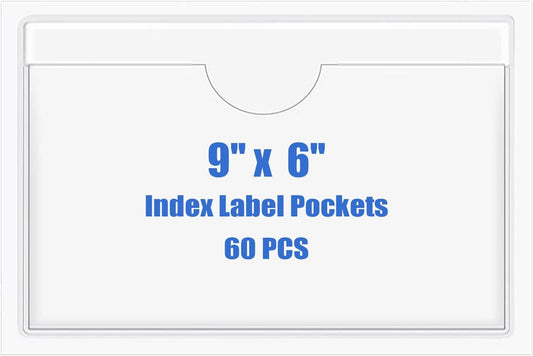 Origin-Joy 60 PCS Self Adhesive Index Card Pockets with Top Open, Clear Plastic Label Holder for Cards of Note, Library and Business, Adhesive Label Pockets & Card Holder (9 x 6 inch)