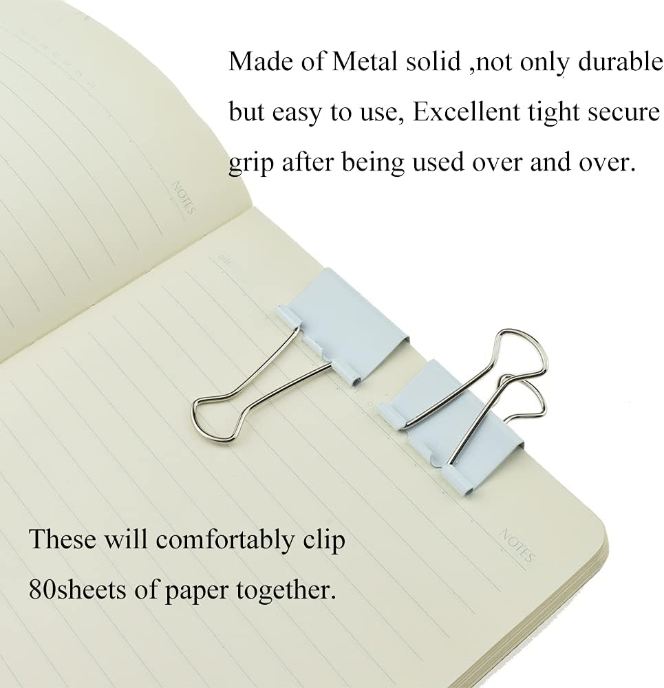 HAHIYO Binder Clips Paper Clamps Spring Steel Sturdy Medium 1.26 inches Width 0.39 Inch Capacity No Sharp Edges Heavy Duty Tight Grip Reusable White Metal Bright Finish for Home Office School 13 Pack