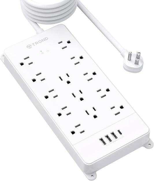 TROND Surge Protector Power Strip 15 ft Cord - Long Extension Cord, 13 Widely-Spaced Outlets Expansion with USB C Ports, 4000 Joules, Flat Plug, Wall Mount, ETL Listed, Office Desk Accessory, White