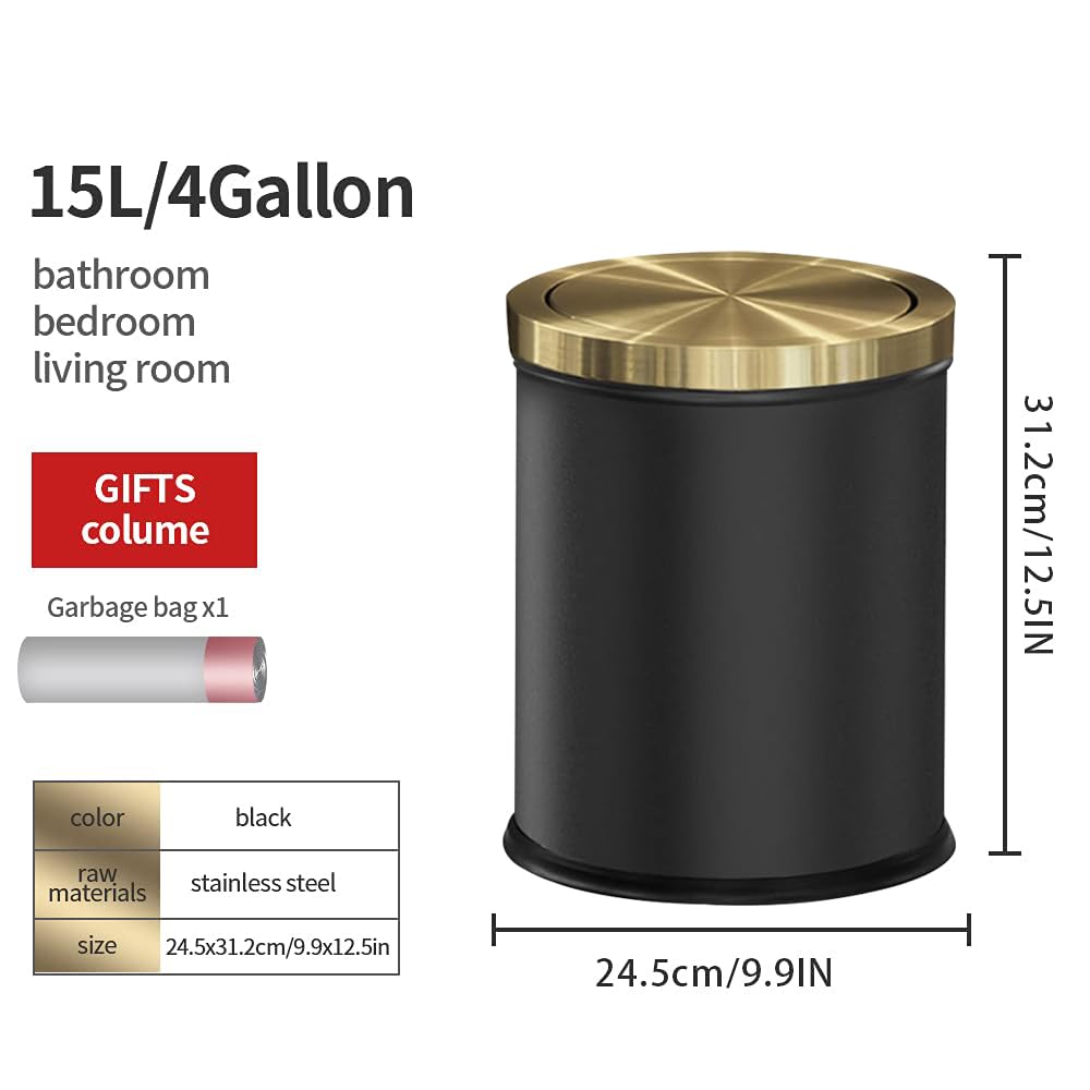 4GAL Bathroom Trash Can with Lid, Small Trash Can with Bronze lid,Black and Gold Waste Basket for Bathroom,Kitchen，Living Room,Hotel,Office (Black)