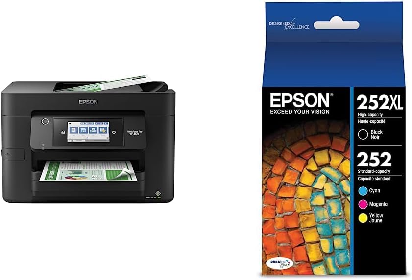 Epson® Workforce® Pro WF-4820 Wireless Color Inkjet All-in-One Printer, Black, Large & T252 DURABrite Ultra Ink High Capacity Black & Standard Color Cartridge Combo Pack (T252XL-BCS)