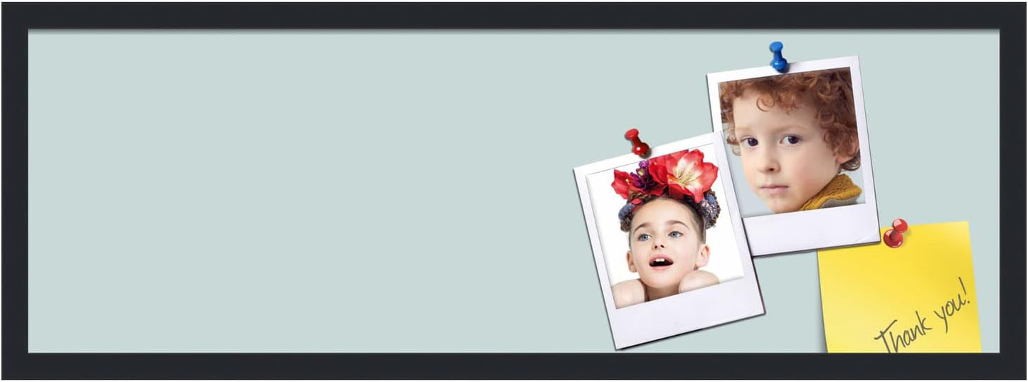 PinPix 36x12 Inch Cork Bulletin Board. This Decorative Framed Pin Board Comes with Soft Blue Design and a Satin Black Frame. Ideal for Home Office Decor or Message Board (PinPix-1814)