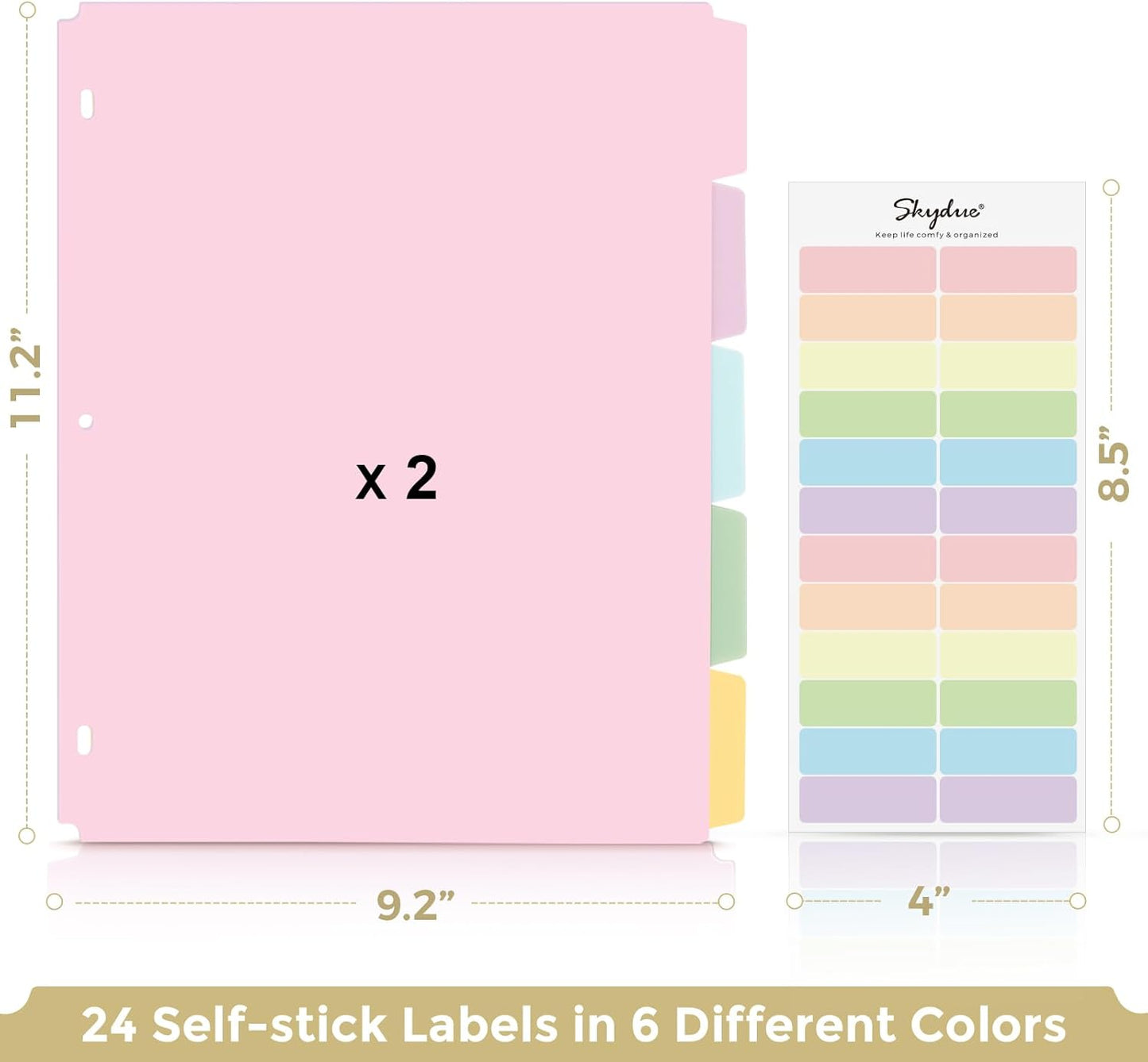 SKYDUE Binder Dividers with Tabs, 5 Tab Dividers, Pack of 2 Sets, 10 Dividers for 3 Ring Binder, Binder Dividers with Write on Tabs for School Office Home