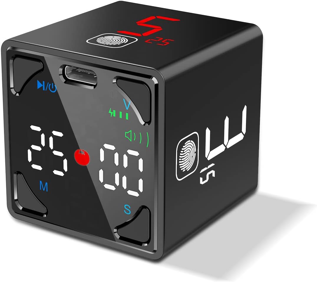 Pomodoro Timer Cube, Productivity Timer, Pause & Resume, Silent, Vibrate & Adjustable Sound Alert, for ADHD, Task, Work, Study, 1/3/5/10/15/25/45/60min & Custom Countdown, Black