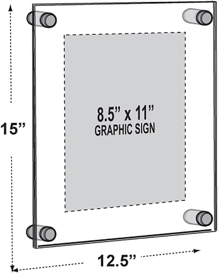 Azar Displays, 105514, Floating Acrylic Wall Frame with Silver Hardware Stand Off Caps, Clear Hanging Photo Frame Display Mount with Frameless Border, Glass-Like Frame for Large Prints, 8.5" x 11"
