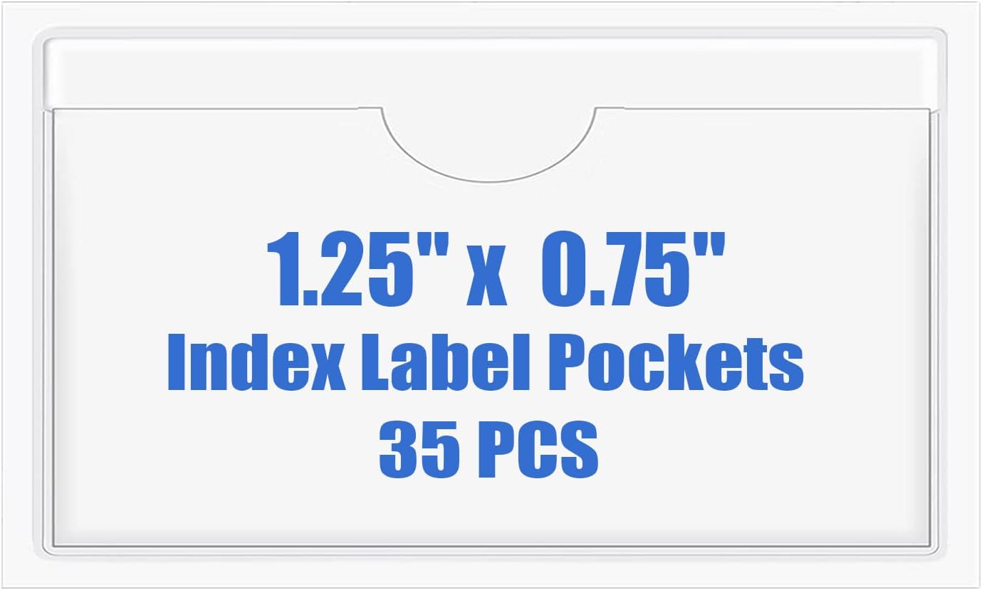 Origin-Joy 35 PCS Self Adhesive Index Card Pockets with Top Open, Clear Plastic Label Holder for Notes, Library and Business, Adhesive Label Pockets & Holder (1.25 x 0.75 inch)