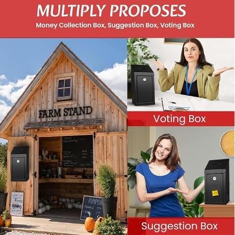 Metal Donation Box-Suggestion Box with Slot and lock-Cash Lock box for Money-Secure Drop Box-Comment and ballot voting box-comes with pre-drilled holes for easy wall mounting 10 X 6 X 2.5"(Black)