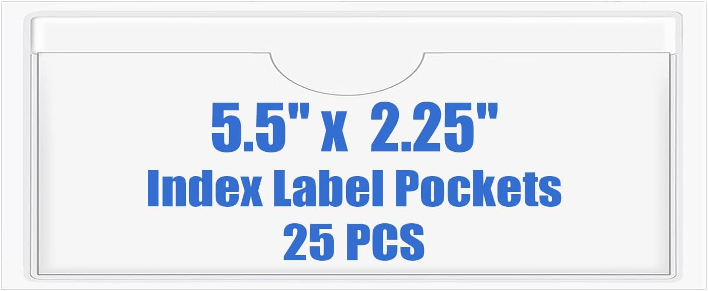 Origin-Joy 25 PCS Self-Adhesive Index Label Pockets, Clear Plastic Peel & Stick Card Holders with Top Open for Loading (5.5 x 2.25 inch)