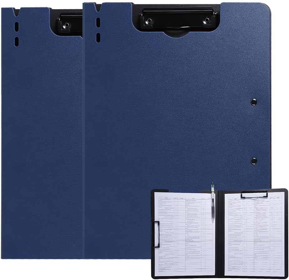 Clipboard Folder, 2 Pcs A4 Foldable Clipboard with Horizontal and Vertical Double Metal Clips, 360 Degree Foldable Binder Clipboards with Pen Holder, File Cover Work Folder Clipboards, Blue