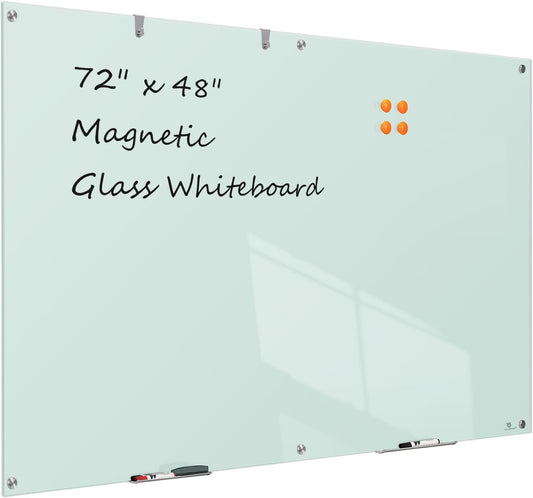 TSJ OFFICE Glass Dry-Erase Board - 72 x 48 Inches (6' X 4') Wall Mounted Glass Magnetic Whiteboard, Extra Large Frameless White Board for Office, Home & School