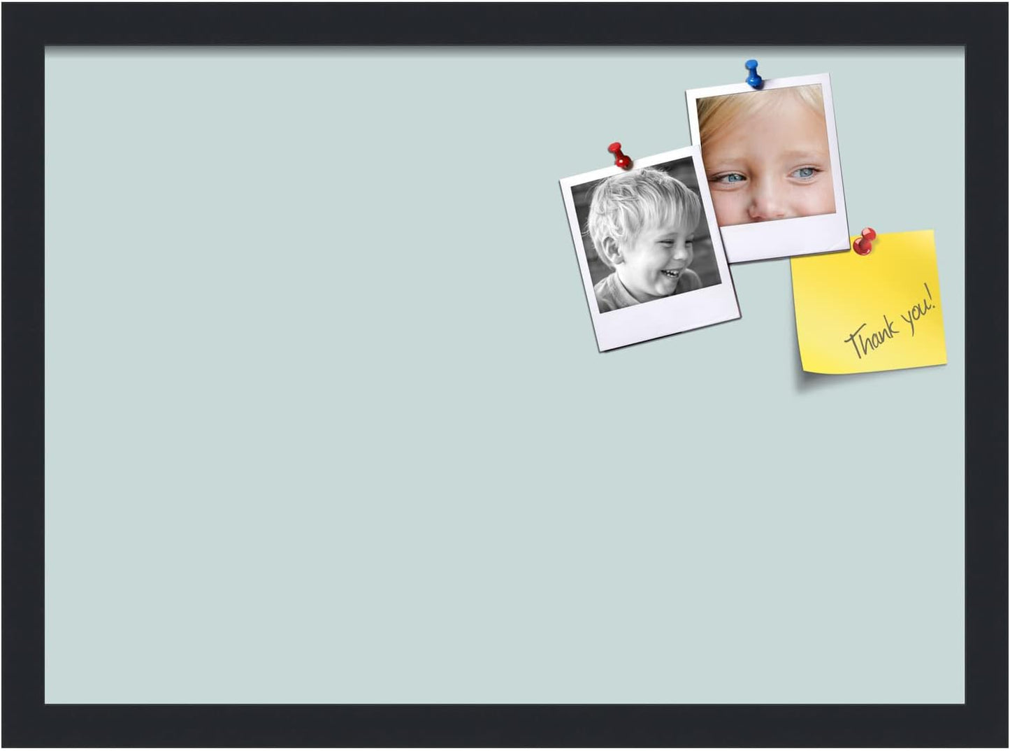 PinPix 21x15 Inch Cork Bulletin Board. This Decorative Framed Pin Board Comes with Soft Blue Design and a Satin Black Frame. Ideal for Home Office Decor or Message Board (PinPix-1814)