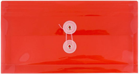 JAM PAPER Plastic Envelopes with Button & String Tie Closure - #10 Business Booklet - 5 1/4 x 10 - Red - 12/Pack