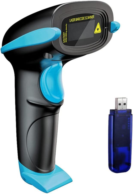 NADAMOO Wireless Barcode Scanner 328 Feet Transmission Distance USB Cordless 1D Laser Automatic Barcode Reader Handhold Bar Code Scanner with USB Receiver for Store, Supermarket, Warehouse - Blue
