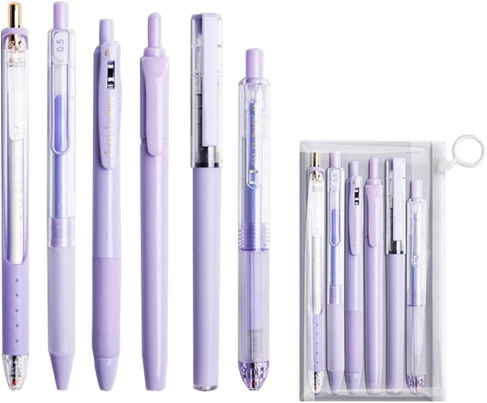 6 Count Pastel Gel Ink Pen Set,Cute Note Taking 0.5mm Fine Point Retractable 5 Count Black Ink Pens with 1 Count Highlighter for Writing, Journaling, School, Office (Purple)