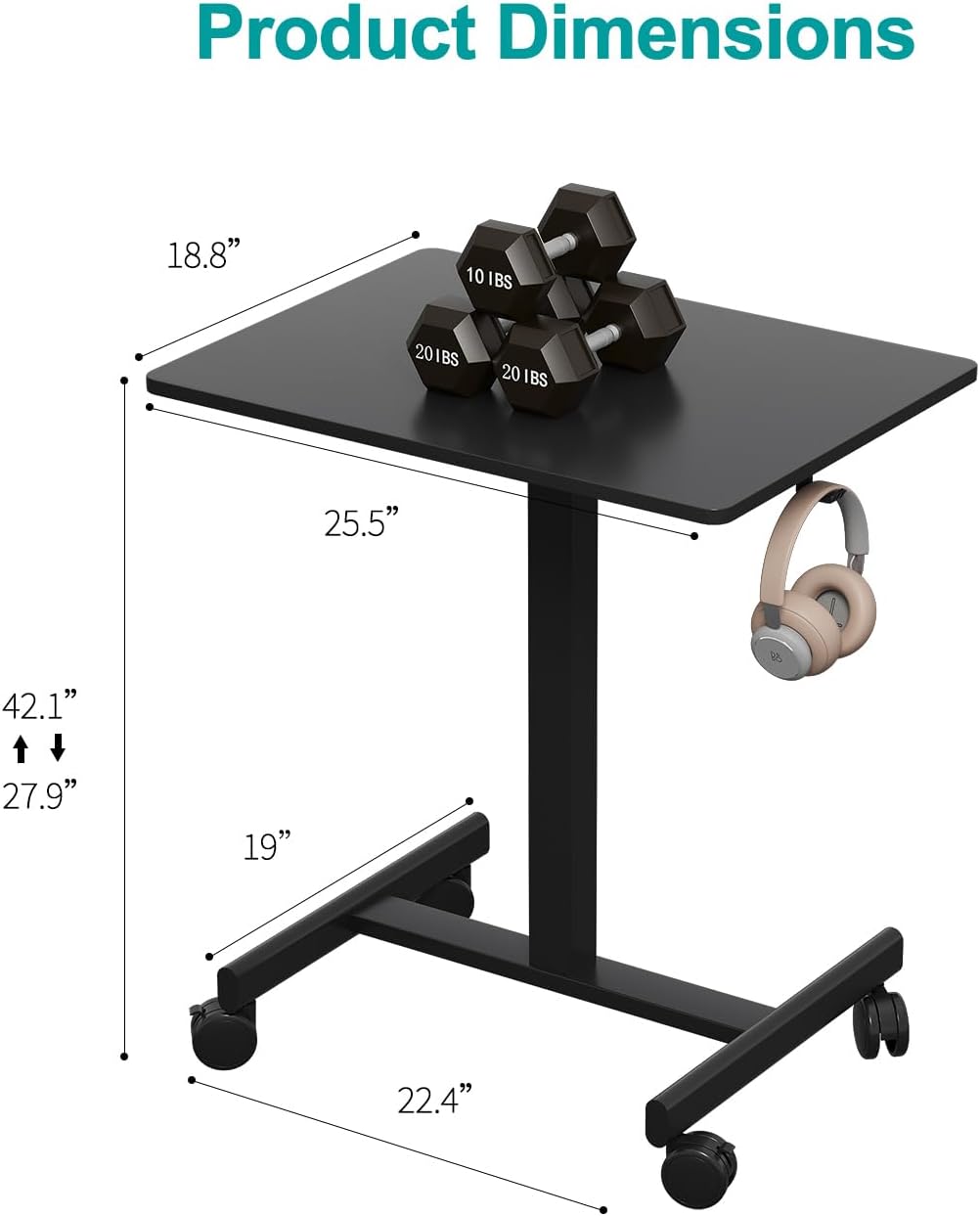 Mobile Small Standing Desk, Gas Spring Adjustable Height Rolling Portable Laptop Desk with Lockable Wheels, Computer Workstation, Rolling Podium (Black, 17.8 * 25.5)