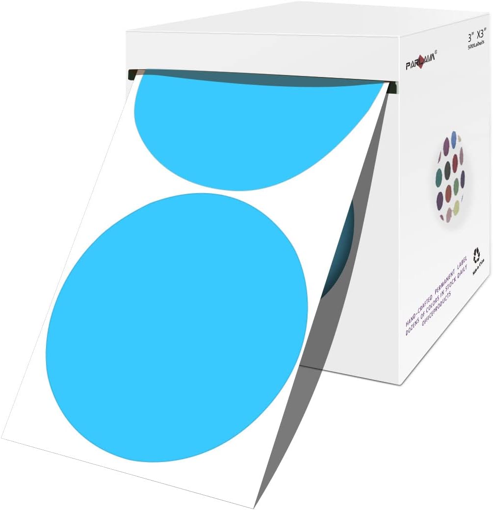 PARLAIM 3 Inch Round Color Code Dot Sticker, 500pcs Sky Blue Inventory Color Coding Circle Labels in Dispenser Box