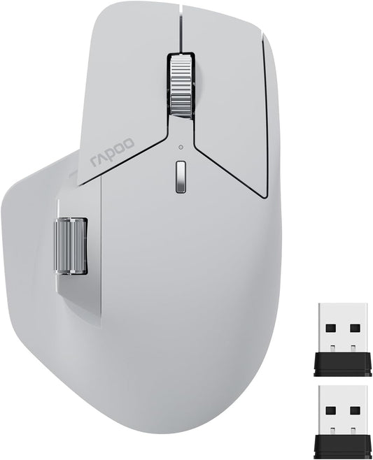 Rapoo MT760 Multi-Device Wireless Mouse, Bluetooth 5.0 and 2.4G Multi-Mode Connection, Up to 4 Devices, 11 Programmable Buttons, 4K DPI, 90 Days Battery Life, PC, Light Grey