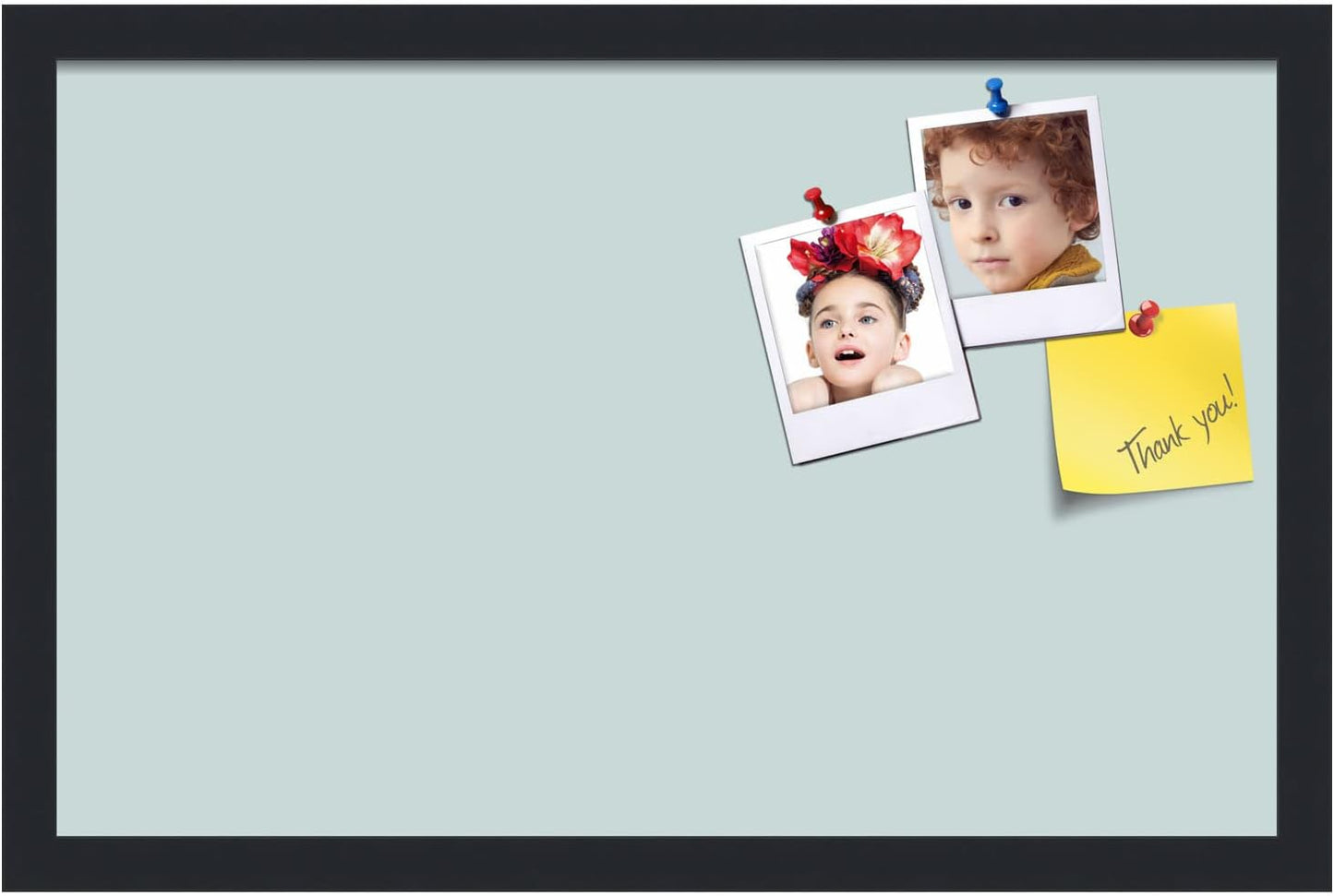 PinPix 22x14 Inch Cork Bulletin Board. This Decorative Framed Pin Board Comes with Soft Blue Design and a Satin Black Frame. Ideal for Home Office Decor or Message Board (PinPix-1814)