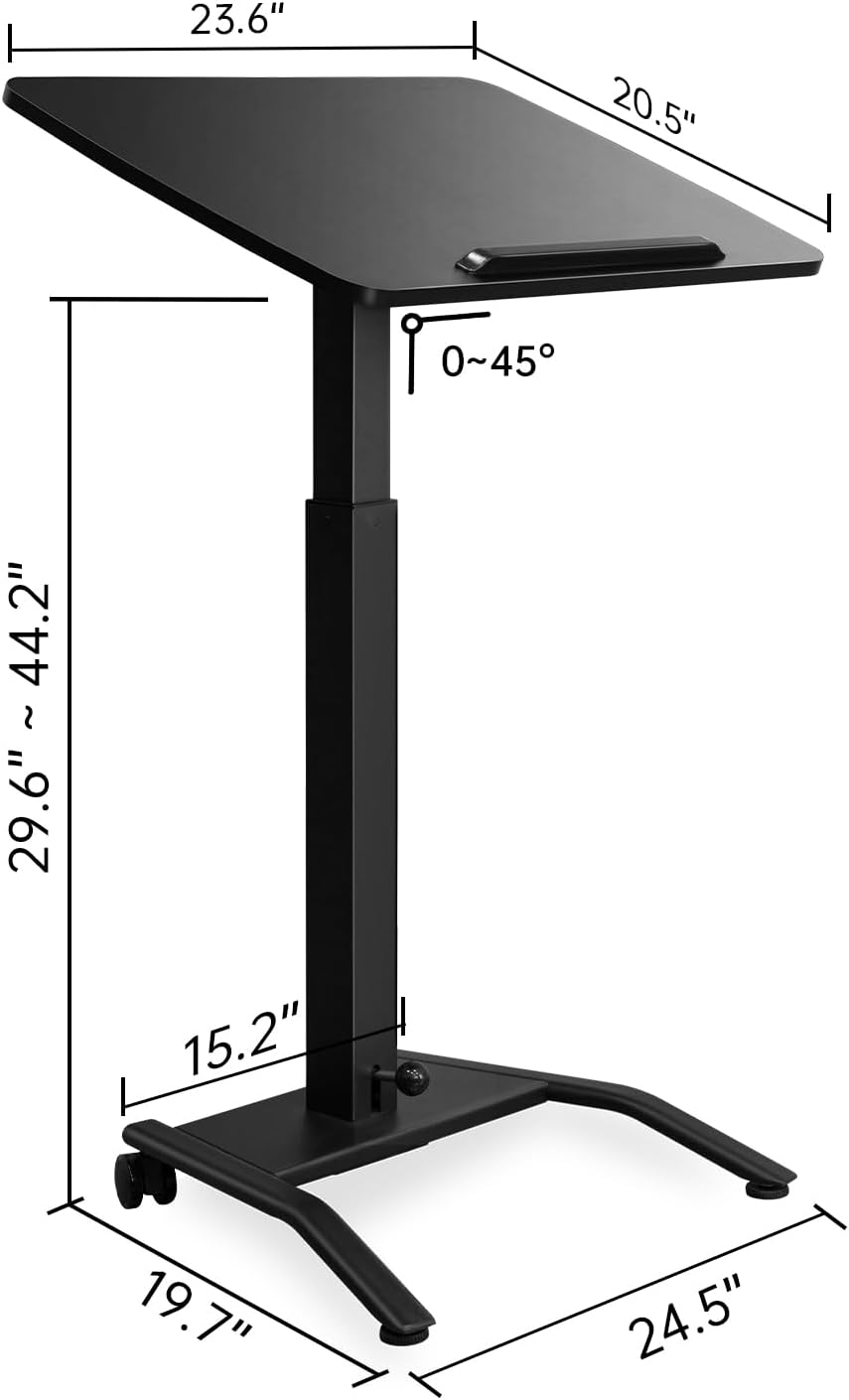 Mobile Standing Desk with 45° Tilting Desktop, Portable Rolling Standing, Height Adjustable Sit Stand Foldable with Wheels, Mobile Desk Workstation for Home Office (Black, Small)