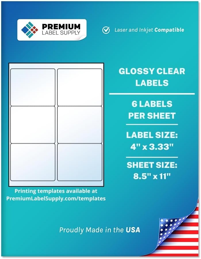 Premium Label Supply Glossy Clear Labels – 4" x 5" – Laser/Inkjet Compatible – (4 per Sheet), 25 Sheets – 100 Total Adhesive Labels