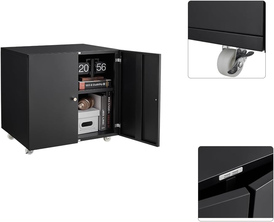 Metal Printer Stand with Storage, Large Black Printer Cabinet with Wheels and Adjustable Shelf for Home Office, Heavy Duty Printer Table