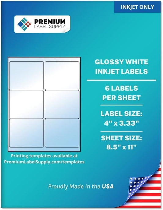 Premium Label Supply Glossy White Sticker Labels – 4" x 3.33" – (6 per Sheet) (Glossy White for Inkjet Only, 150 Labels)