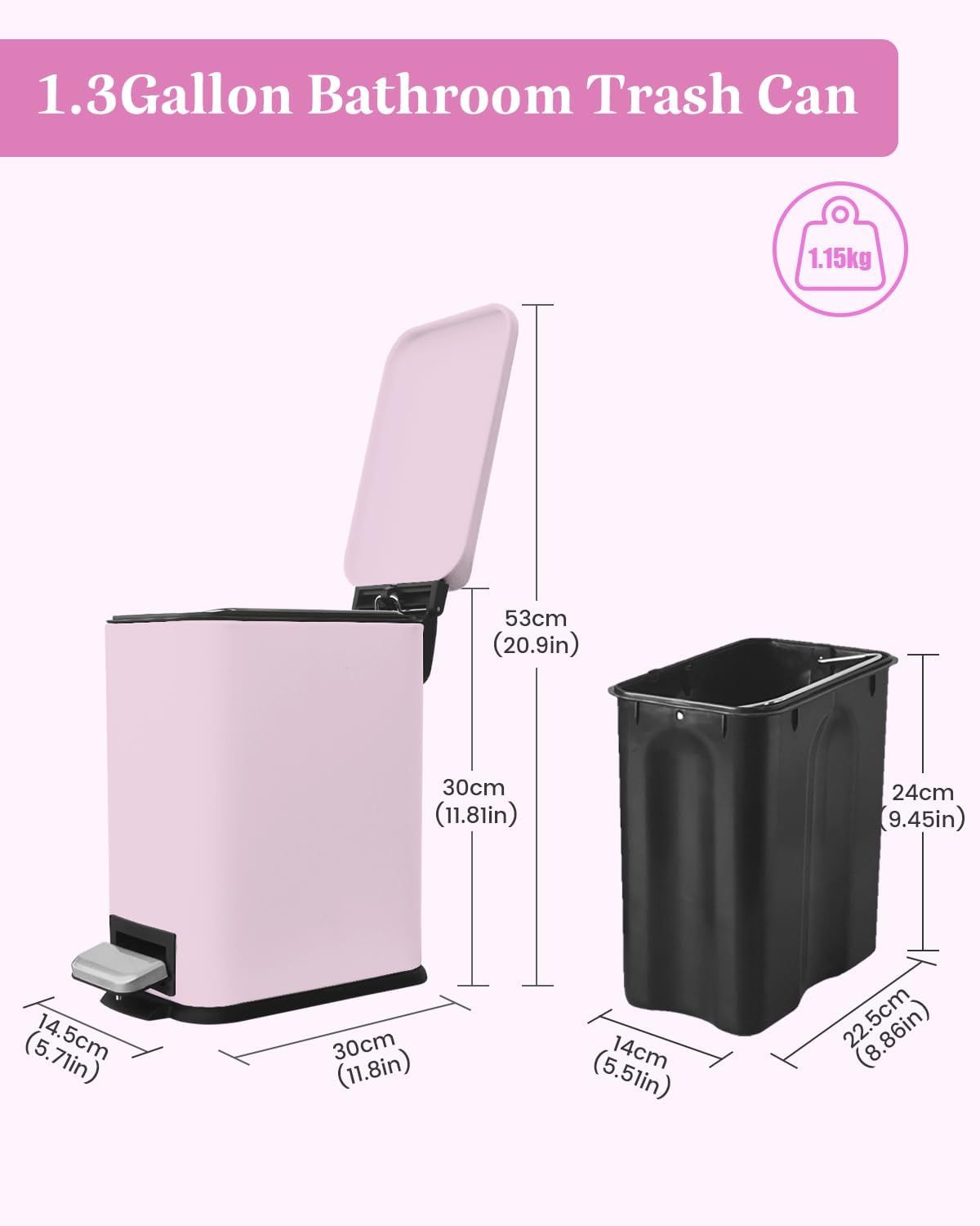 Pink Trash Can, 1.3 Gallon Bathroom Trash Can with Lid, Stainless Steel Pedal Trash Bin Removal Inner Bucket, Small Grabage Can for Bathroom,Bedroom,Home Office