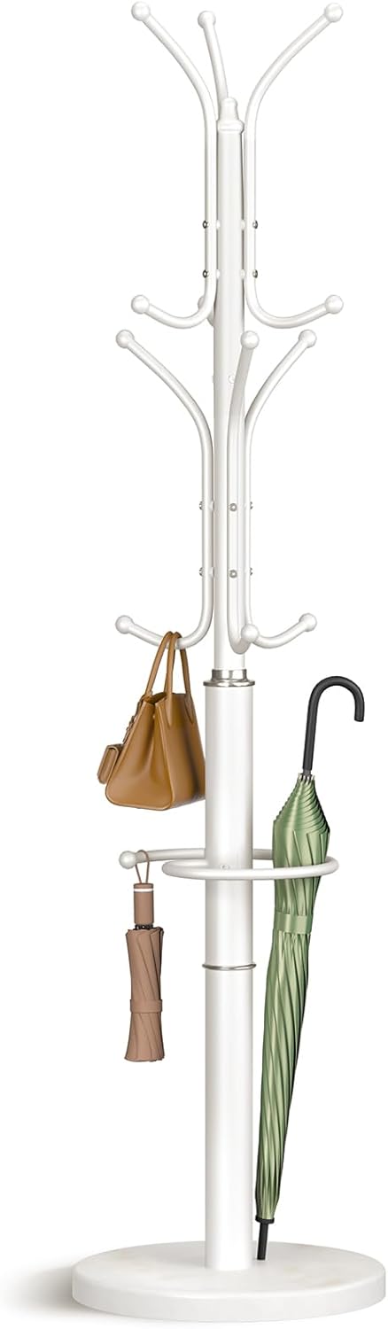 Yoobure Metal Coat Rack Freestanding with Marble Base, Coat Tree with 12 Hooks & Umbrella Holder, Coat Hanger Stand for Corner Entryway Bedroom Office, Heavy Duty Coat Rack Stand for Clothes Hats Bags