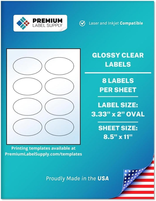 Premium Label Supply Glossy Clear Oval Labels – 3.33" x 2" Oval – Laser/Inkjet Compatible – (8 per Sheet), 100 Sheets – 800 Total Adhesive Labels
