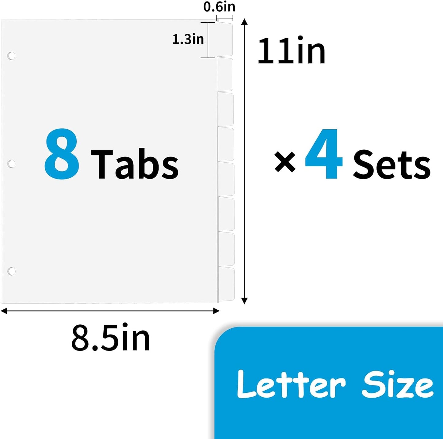Binder Dividers for 3 Ring Binder, 1/8 Cut Tabs, Letter Size, Blank Write On Page Dividers with 8 Big Tabs for School Office Home, 4 Sets, 32 Dividers, White