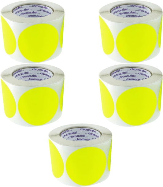 ChromaLabel 3 Inch Circle Sticker Labels, High Visibility Round Colored Stickers, Permanent Labels, Fluorescent Yellow, 500 Per Roll - Case of 5