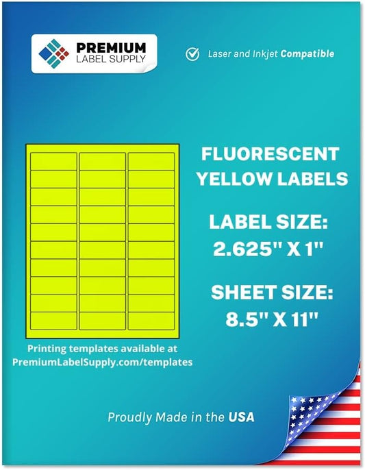 Premium Label Supply Bright Neon Color Fluorescent Stickers - 2.625" x 1" Address Labels - (Fluorescent Yellow, 3000 Labels)