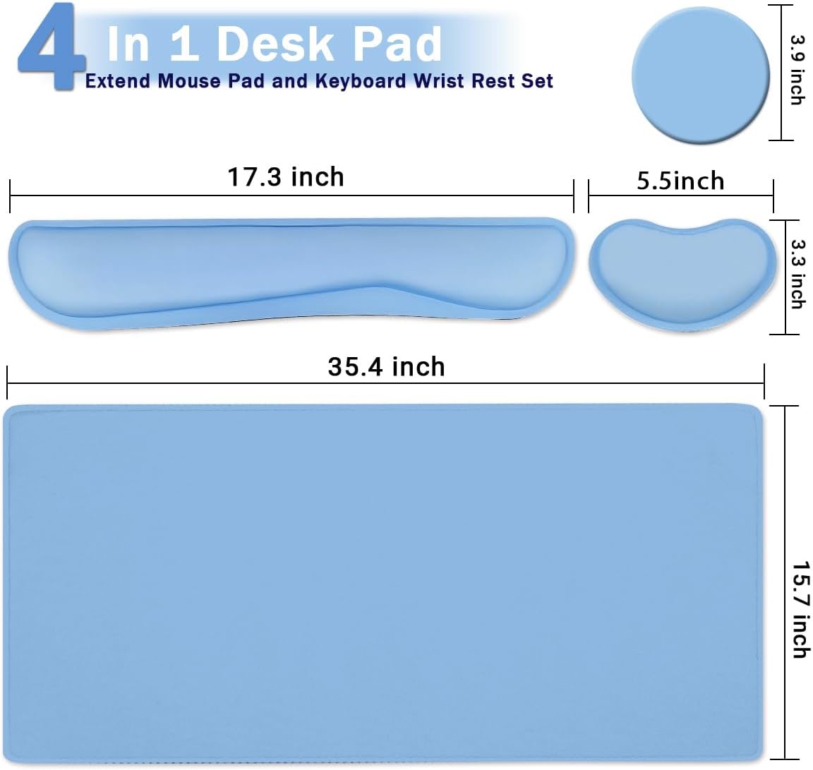 Large Keyboard Mouse Pad Set, Extended Mouse Pad+Keyboard Wrist Rest Support, Memory Foam Ergonomic Easy Typing, 4Pcs (35.4×15.14 in) Desk Pad Set for Home Office Study Game - Blue