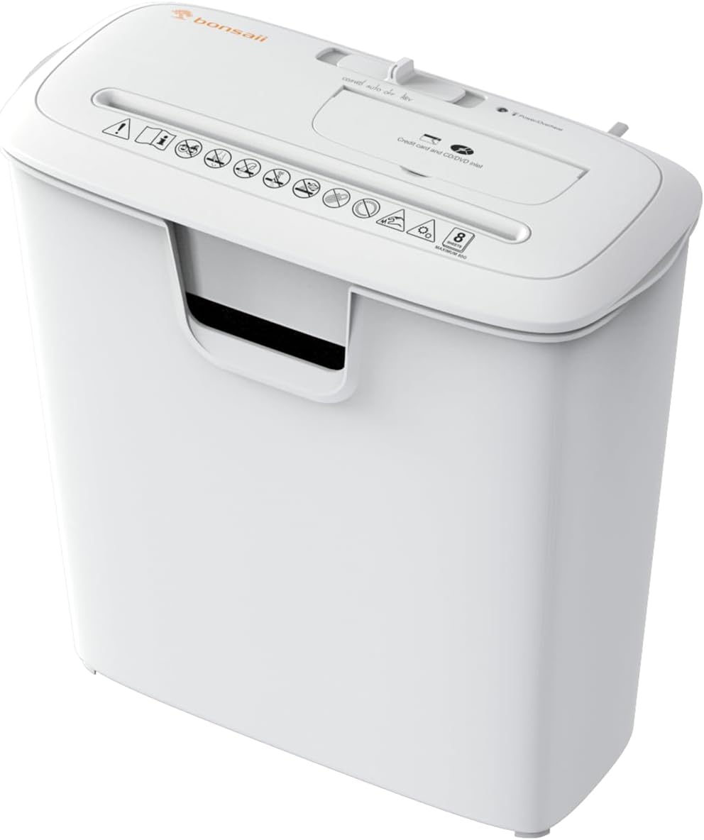 Bonsaii Quiet Strip-Cut Shredder, Up to 8 Sheets, Offering high Security, CDs, Credit Cards, Overheat Protection, Equipped with a 3.4-Gallon bin, Operates Quietly, Ideal for Home Office, White