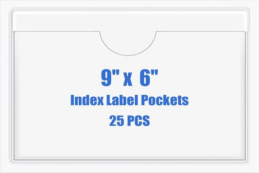 Origin-Joy 25 PCS Self-Adhesive Index Label Pockets, Clear Plastic Peel & Stick Card Holders with Top Open for Loading (9 x 6 inch)