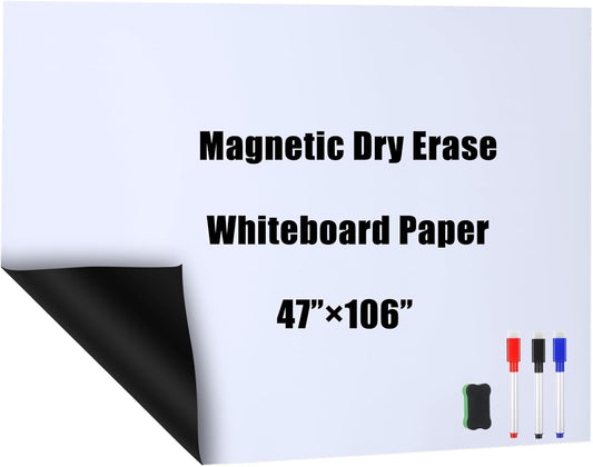 Magnetic Dry Erase Whiteboard Contact Paper White Board Wall Paper Magnetic White Board Wall Decal Peel and Stick for Classroom Playroom Office with 3 Markers and Eraser(47 x 106 Inch)