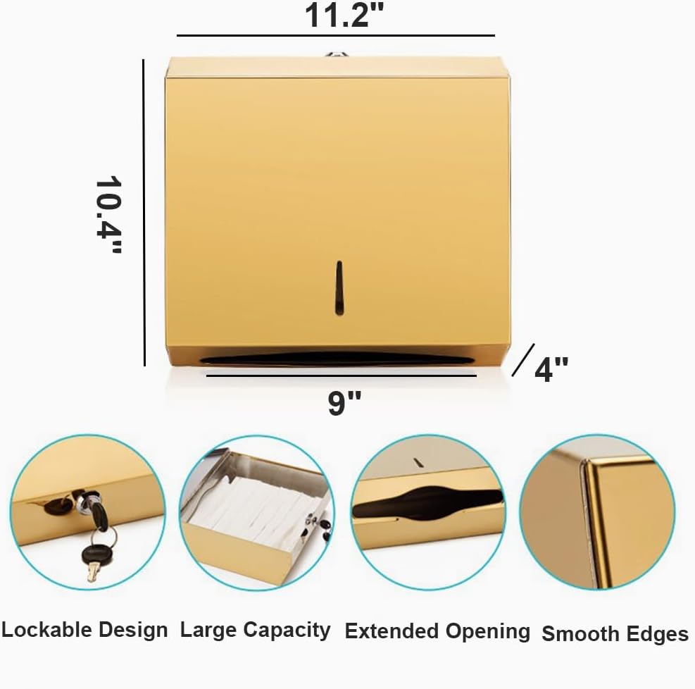 Comercial Paper Towel Dispenser Wall Mount, Brushed Gold Stainless Steel Hand Towel Dispenser with Lock, Large Capacity Trifold/C Fold Paper Towel Holder for Bathroom Kitchen Office Public Places