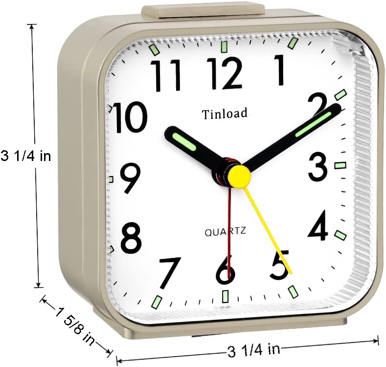 Small Battery Operated Analog Travel Alarm Clock Silent Non Ticking,Gentle Wake, Ascending Beep Sounds, Snooze,Lighted on Demand,Easy Set(Gold)