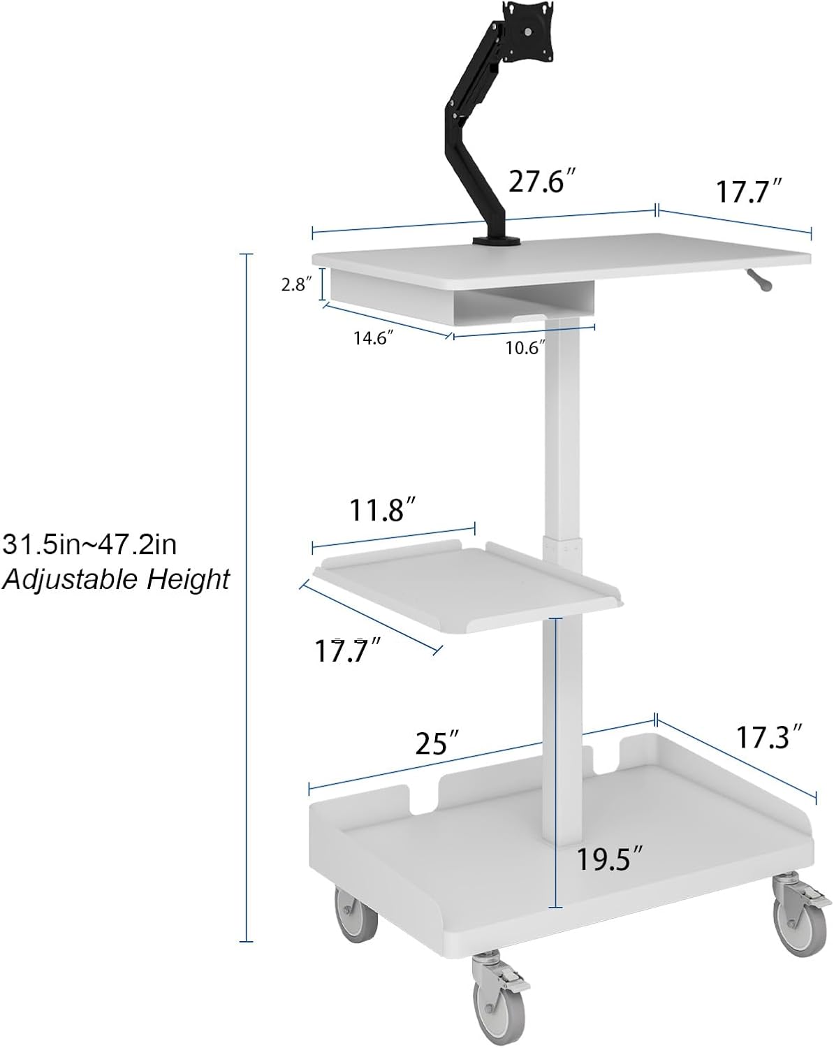 Natwind Mobile Workstation Cart with Monitor Mount,Height Adjustable Rolling Computer Cart, Heavy-Duty Rolling Standing Desk with CPU Holder for Home Office, School,Warehouse, Medical, Workshop