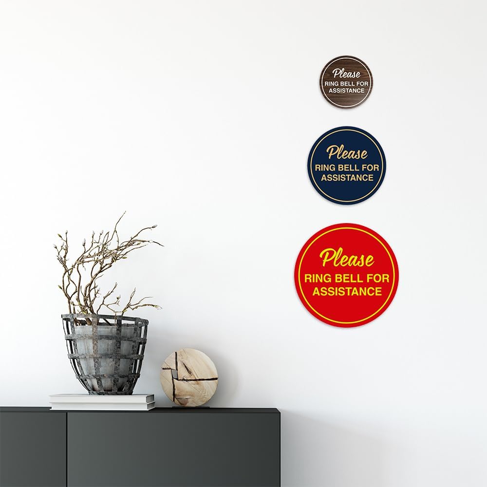 Signs ByLITA Circle Please Ring Bell For Assistance Wall or Door Sign | Easy Installation | Front Desk Reception Sign (White/Red) - Small (2 Pack)