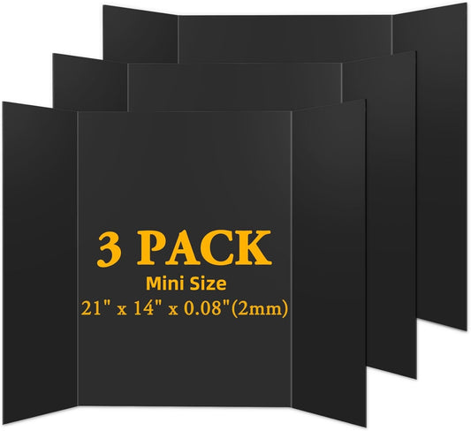 3PCS Small Trifold Poster Board, 21 x 14 Inches Black Corrugated Cardboards Mini Tri Fold Poster Boards for School Projects, Science Fair, Business Presentations, Exhibitions, Event Display