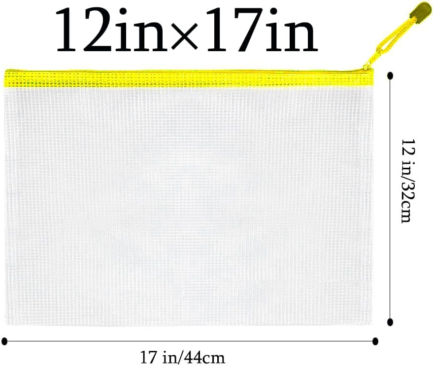 Mesh Zipper Pouch Bag,A3 Zipper Bag for Organizing Storage, Waterproof Zipper Pouch, 17" x 12"/44cm x 32cm, File Bag for School and Office Supplies (Yellow)