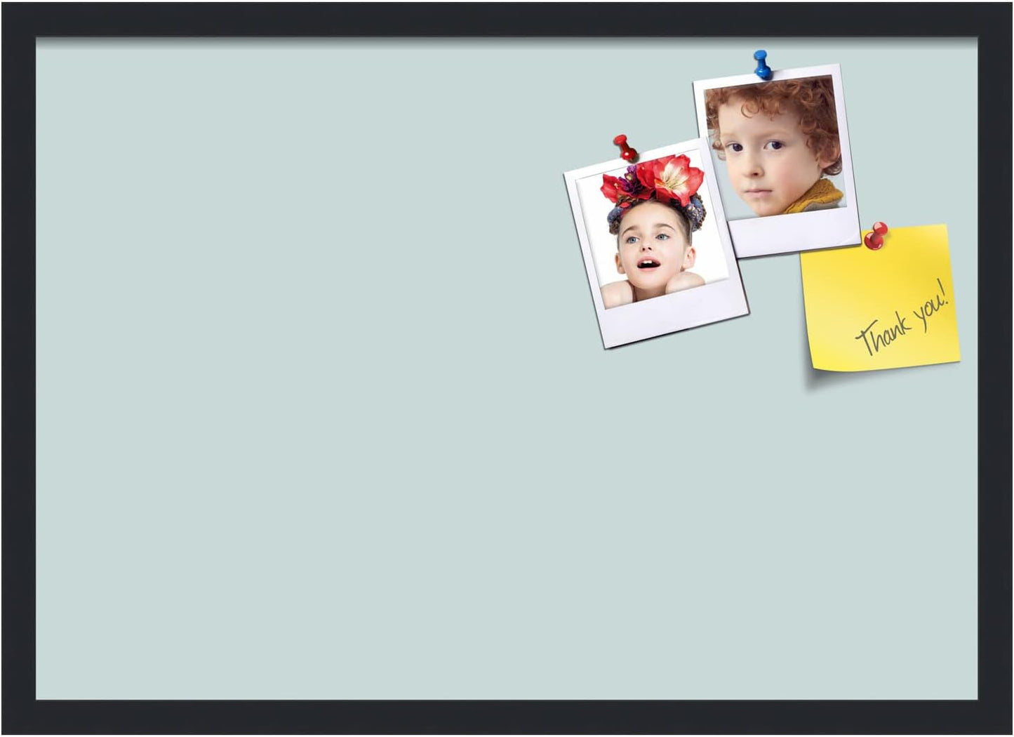 PinPix 27x19 Inch Cork Bulletin Board. This Decorative Framed Pin Board Comes with Soft Blue Design and a Satin Black Frame. Ideal for Home Office Decor or Message Board (PinPix-1814)