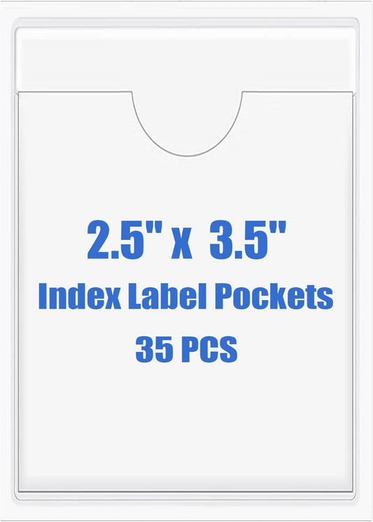 Origin-Joy 35 PCS Self Adhesive Index Card Pockets with Top Open, Clear Plastic Label Holder for Notes, Library and Business, Adhesive Label Pockets & Holder (2.5 x 3.5 inch)