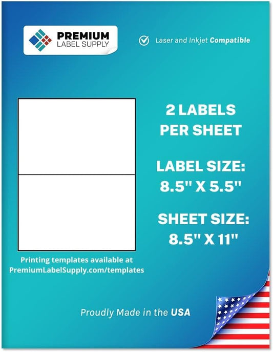 Premium Label Supply White Sticker Half Sheet Labels – 8.5" x 5.5" – Laser/Inkjet Compatible – (2 per Sheet), 300 Sheets - 600 Total Adhesive Labels