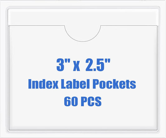 Origin-Joy 60 PCS Self Adhesive Index Card Pockets with Top Open, Clear Plastic Label Holder for Cards of Note, Library and Business, Adhesive Label Pockets & Card Holder (3 x 2.5 inch)